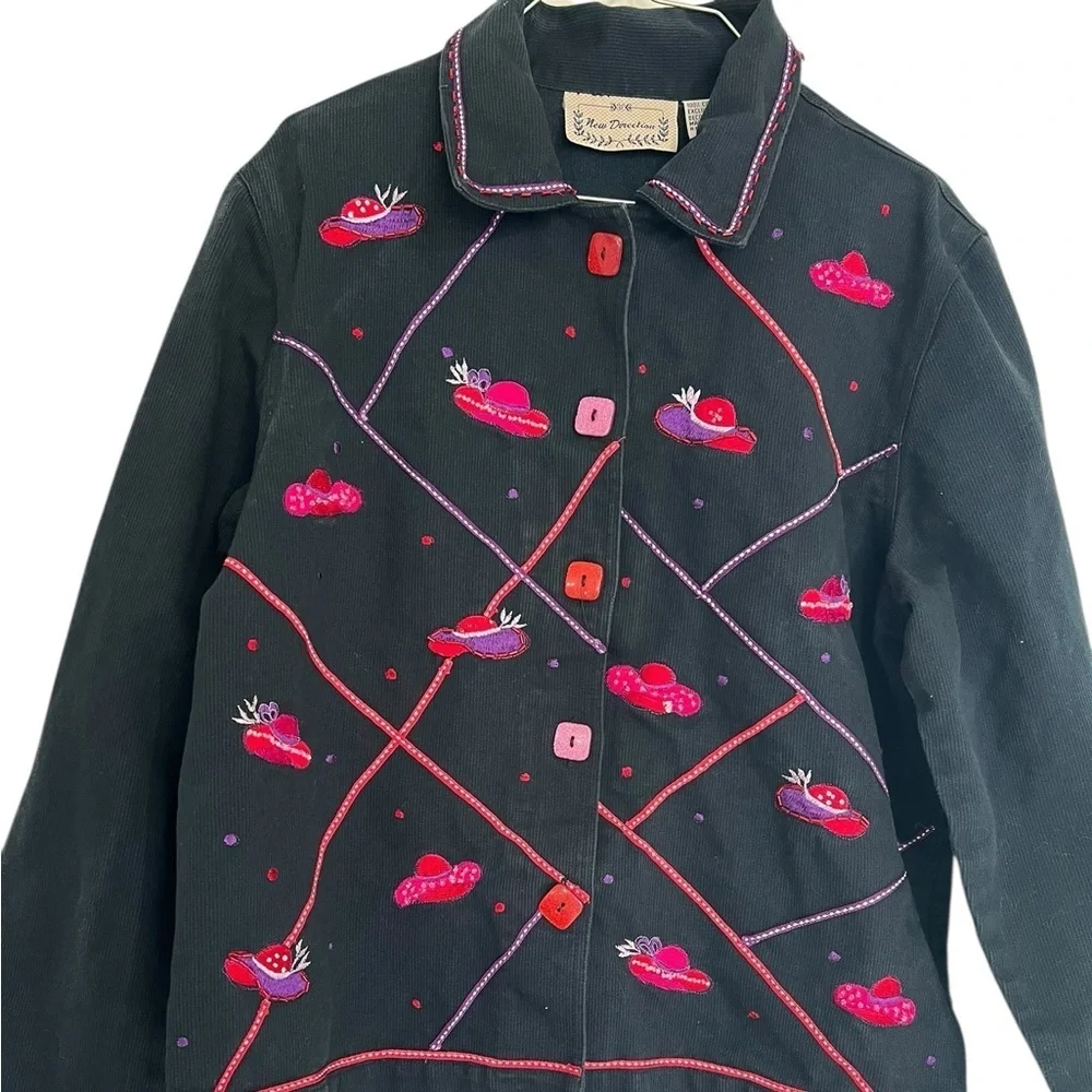 Vintage -Style Red Hat Society Jacket - Black Denim, Bold Stitching & Buttons - Picture 1 of 5